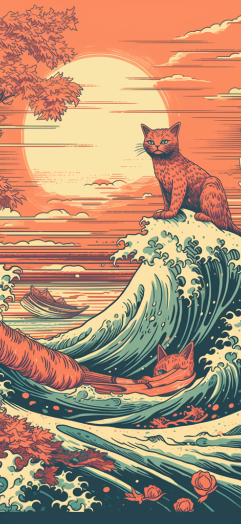 bakayaro8234 Japanese wave illustration. Cat surfing. a816a0d9 2849 4e52 814e f359142a5613