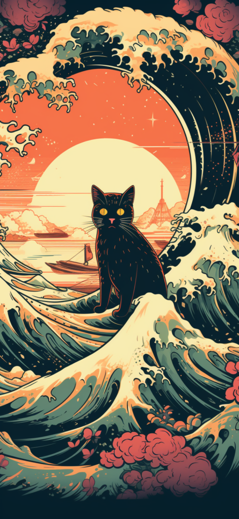 bakayaro8234 Japanese wave picture. Cat jumping. Sunset. cabfc274 6e02 4708 94e5 da5aaece0a97