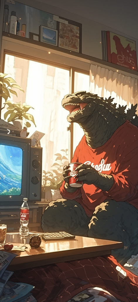 bakayaro8234 Godzilla drinking Coke watching TV laughing happil 8f748856 6aa4 4c91 9396 18b5f3ae6348