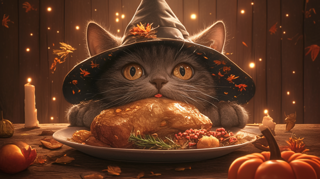 bakayaro8234 Halloween cat wearing hat and eating chicken breas 78989aa4 be64 430d ae2c dcc0491118e3