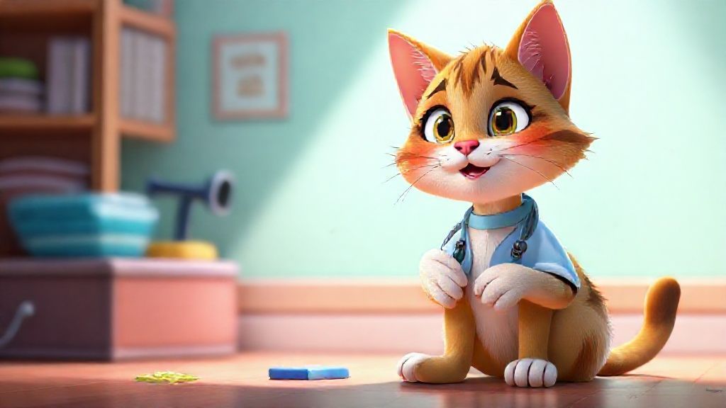 一位獸醫溫柔地檢查一隻可愛的幼貓，背景是明亮且現代化的獸醫診所。