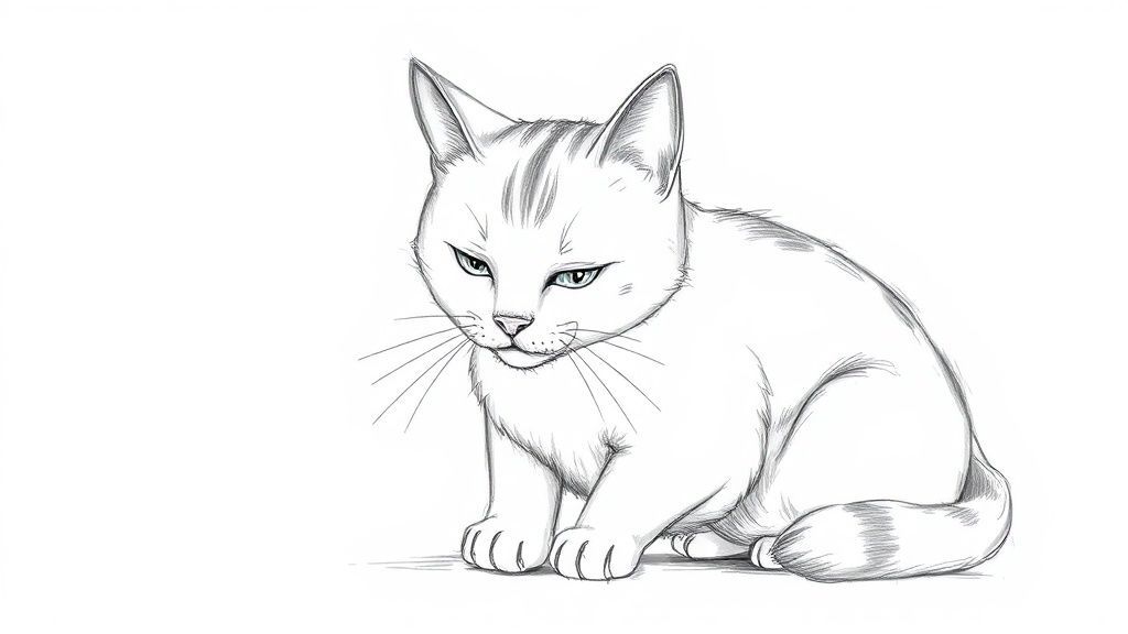 一隻憂慮的小狗坐在地板上，耳朵垂下來，眼睛看著遠方。