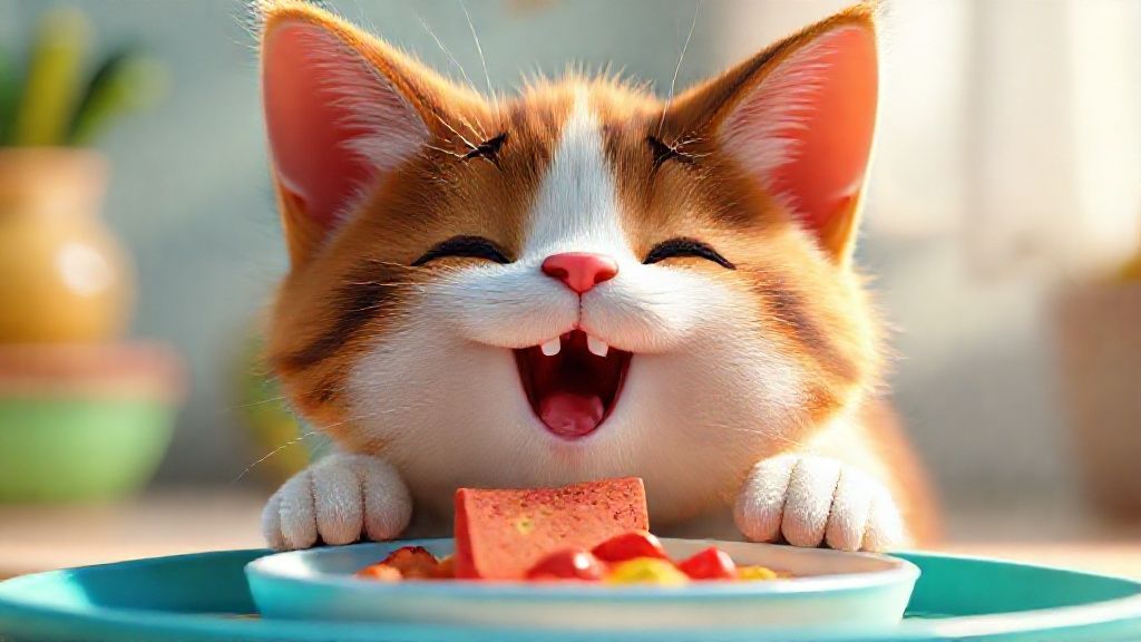 一隻短毛貓優雅地坐在鋪著柔軟毛毯的碗旁邊，碗裡盛著看起來美味且營養均衡的貓糧，背景模糊，顯示一個溫馨的居家環境。