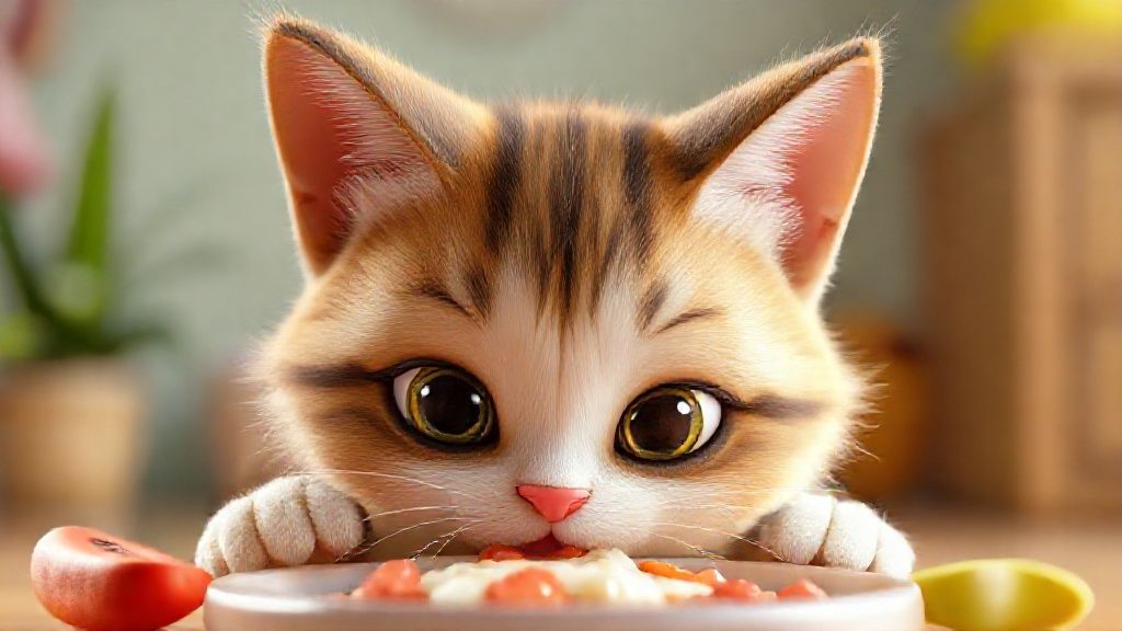 一隻橘貓優雅地舔舐貓糧，背景是擺放整齊的寵物健康食品。