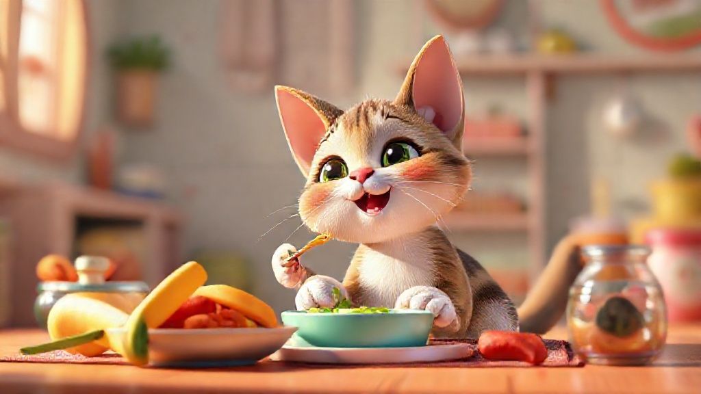 一隻毛茸茸的橘貓正在享用一碗精心準備的食物，陽光灑落在牠身上，營造出健康、滿足的氛圍。