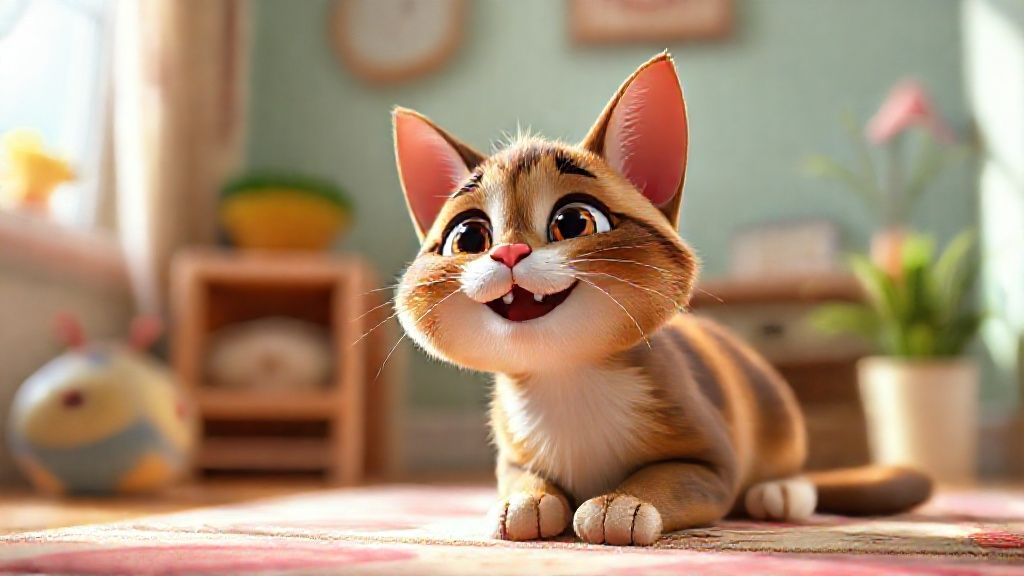 一隻年邁的虎斑貓舒服地躺在陽光下，神情安詳，旁邊放著水碗和一些玩具。